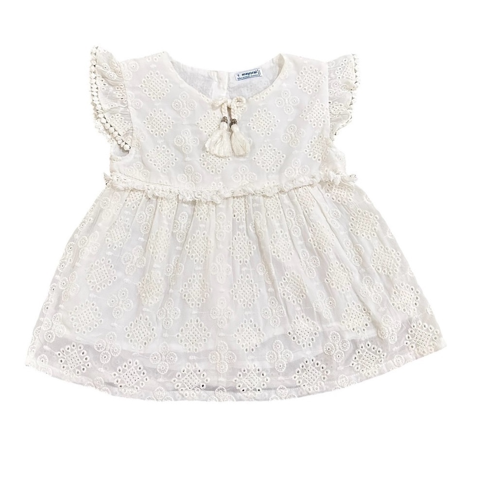 Mayoral white Eyelet lace blouse crochet trim, tassel & fringe lined Spain sz 7
